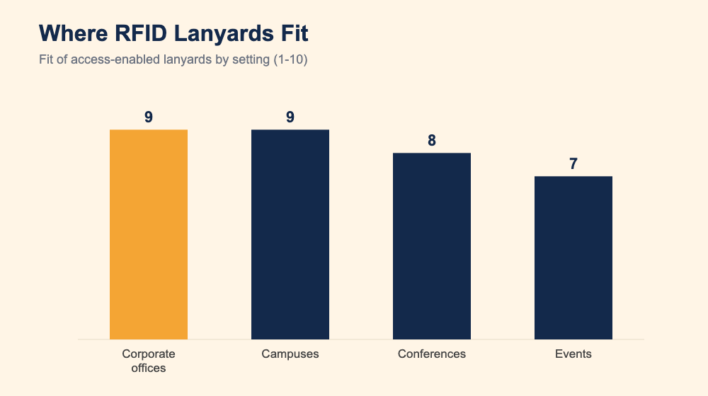 Bar chart of fit by setting: corporate offices 9, campuses 9, conferences 8, events 7