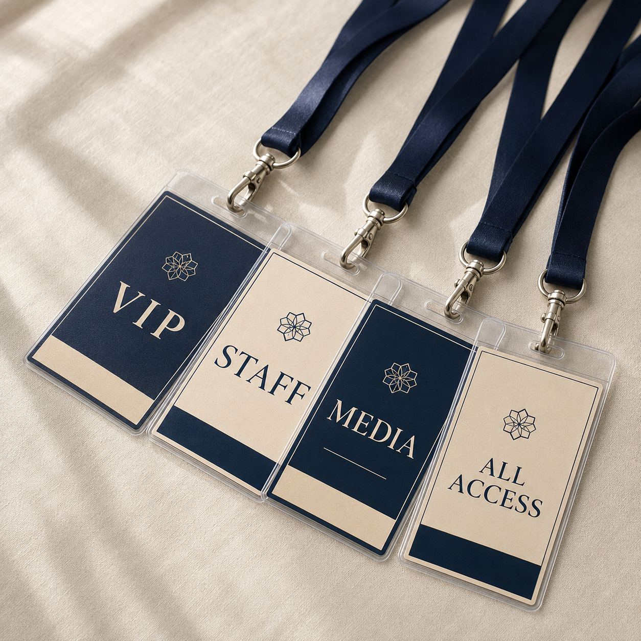 Staff, media, and all-access laminated event badges on lanyards
