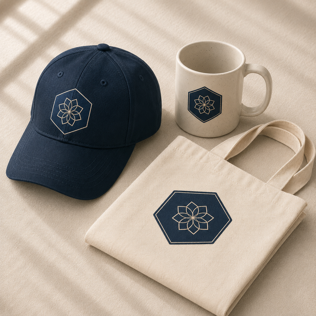 Branded CustomCreds cap, mug, tote, and wristbands