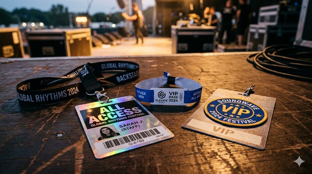 Custom event credentials — lanyard, wristband, VIP badge on backstage table